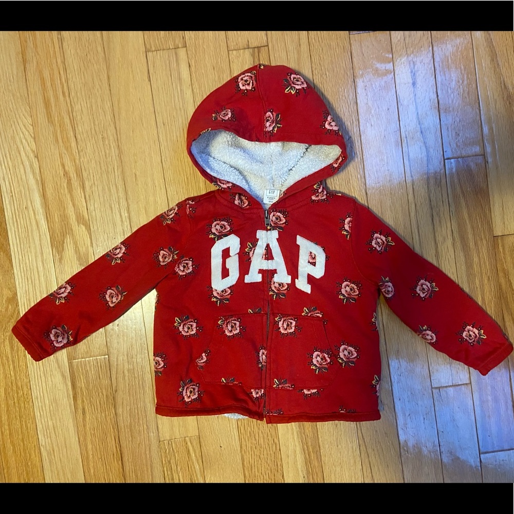 GAP Sherpa lined zip up hoodie, size 2 years, red with floral